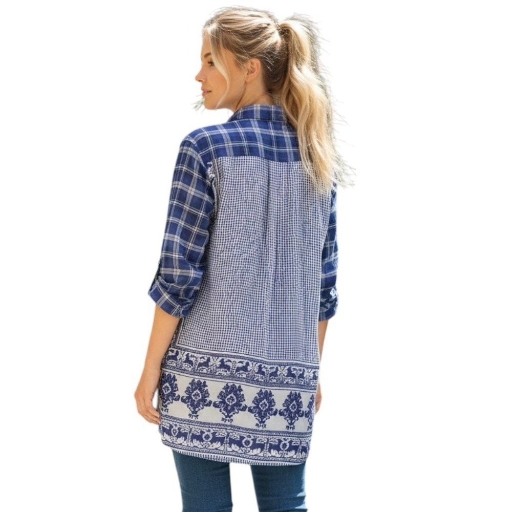Johnny Was Workshop Lana Scarf Shirt Blue Plaid Mixed Media Boho Art Oversized S